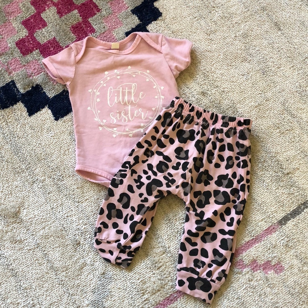 Baby Girl Little Sister Pink and Leopard Boutique Set Size 70 (6 months)